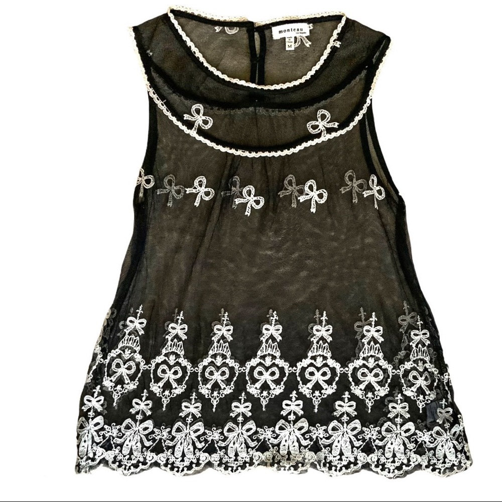 🆕 MONTEAU Black Mesh Cream Embroidered Top NWT - Picture 2 of 10